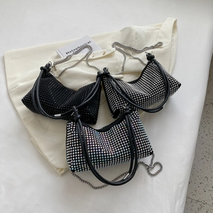Sparkling rhinestone hobo bag set in black, silver, and iridescent colors with metal chain