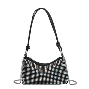 Elegant black underarm bag with shimmering rhinestones and versatile silver chain strap