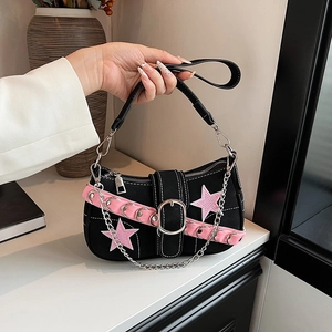 Y2K Punk Underarm Bag Suede Women Contrast Stitching Pink Star Heart Patch Silver Chain Aesthetic Sweet Cool Baguette