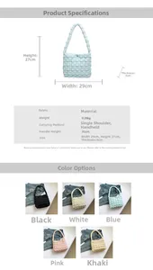 Detailed size specifications and color options for the quilted fabric shoulder tote bag