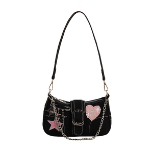 Y2K punk style black canvas shoulder bag with pink star and dream girl patches