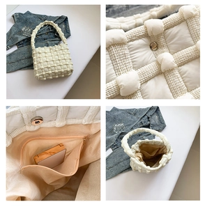 Detailed views of beige bubble quilted shoulder bag featuring interior zipper pocket and magnetic snap