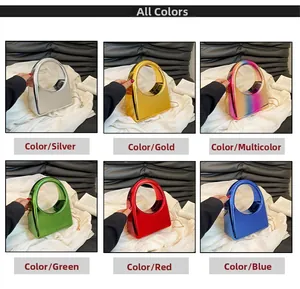 Detailed grid view of modern acrylic clutch bags in six vibrant metallic candy colors