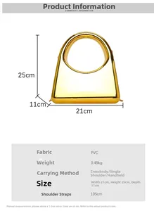 Detail diagram showing gold mirror acrylic evening bag dimensions 21x25x11cm and strap length