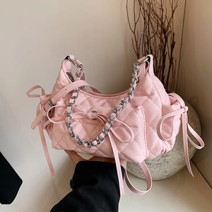 Quilted PU Leather Crossbody Bag Rhombic Lattice Silver Chain Ribbon Bow Sweet Hobo Shoulder Handbag For Women