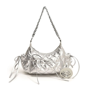 Silver quilted hobo shoulder bag with bow detail and metallic chain handle