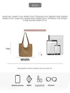 Size chart showing large and small woven tote bag dimensions with capacity reference