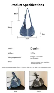 Gedetailleerde maattabel en lay-out van een grote vintage denim crossbodytas dames