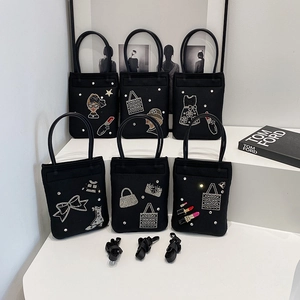 Mini nylon tote bags for women with sparkling rhinestone patches and adjustable straps