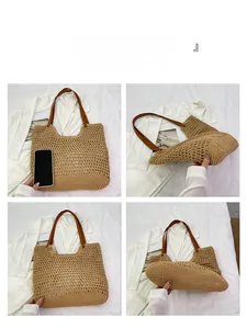 Detailed views showing woven cotton mesh, leather straps, and large storage of the tote bag