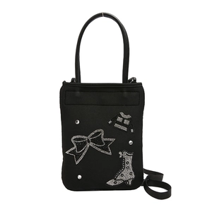 Black nylon small square crossbody bag with sparkling rhinestone patches and round handles