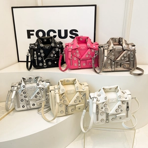 Retro motorcycle jacket style crossbody bags with metal floral studs in six colors