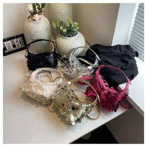 Detailed collection of sequin handbags in black, silver, gold, and pink colors