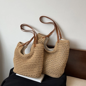 Large woven cotton hollow out tote bag with leather straps for summer beach use