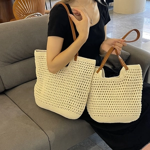 Summer hollow cotton woven tote bag set in cream with brown leather handles and rivets