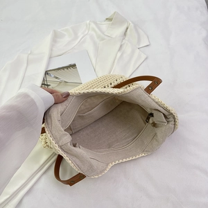 Large capacity woven hollow fishnet tote bag with inner pockets and leather handles