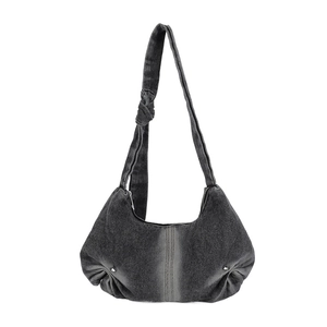 Retro charcoal crescent denim shoulder bag with knotted strap and metallic studs