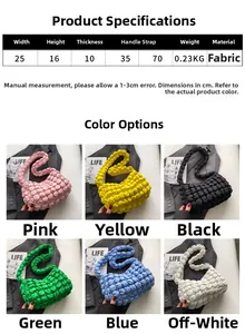 Size chart and color display for pleated bubble shoulder bag in various pastel colors