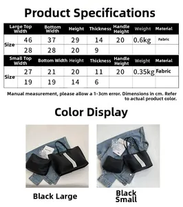 Size guide for nylon tote bags showing dimensions and weights for large and small models