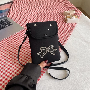 Women Mini Crossbody Mobile Phone Bag Rhinestone Butterfly Bow Lipstick Decor Fashion PU Leather Adjustable Strap Casual Pouch