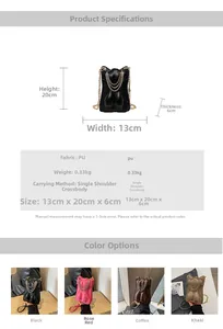 Detailed size chart and specifications for small torso-shaped crossbody bag with metal chains