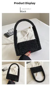 Detail shots of black beaded shoulder bag with handmade punk style woven texture