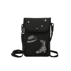 Black mini crossbody phone bag with rhinestone trim and retro hat embroidery detail