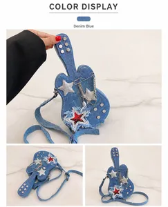 Detail view of denim guitar bag with silver star patches, metal pins and rock style chains