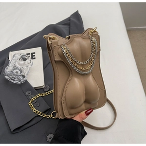 Artistic khaki crossbody bag with 3D female torso silhouette and bicolor chain detail
