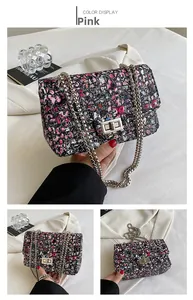 Detail of pink and black tweed crossbody bag with silver chain and metal lock