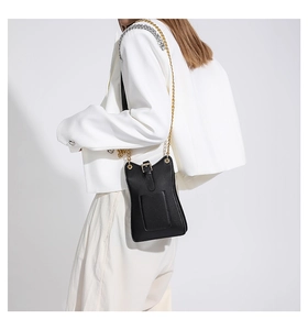 Close-up of black crossbody bag with gold chain strap and luxury leather texture