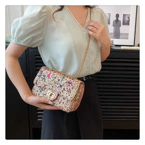Close-up of colorful tweed crossbody bag with gold chain strap and metal turn-lock