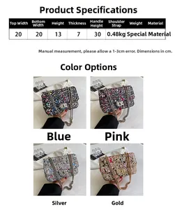 Size chart and dimensions for chain crossbody bag with graffiti pattern and metallic lock
