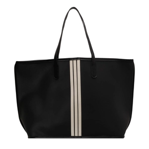 Minimalist large black nylon tote bag with three vertical white stripes for daily commute