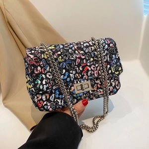 Women Shoulder Bag Tweed Woven Graffiti Print Small Square Crossbody Bag With Metal Chain Link And Rotation Lock