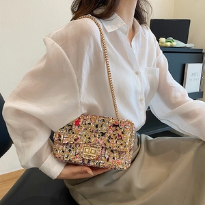 Multicolor tweed chain crossbody bag for women with gold clasp and shoulder strap