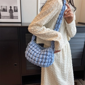 Light blue bubble pleated shoulder bag with soft quilted texture for women