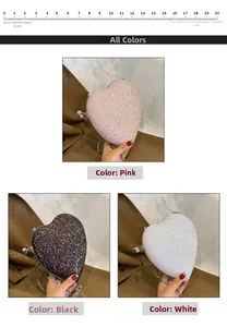 Detail of glitter heart evening bag showing pink, black and white options with chain straps