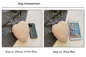 Pink heart evening bag size comparison with iPhone 14 Pro Max and iPad mini