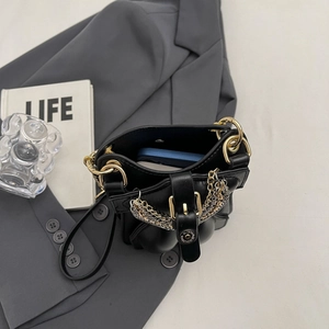 Black leather bucket bag with chunky chain detail and smartphone fitting interior