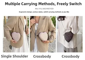 Macro shot showing sequins heart bag worn as crossbody and shoulder strap clutch