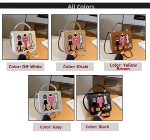 Detail of five mini square handbags with chic embroidery and diamond quilted stitching