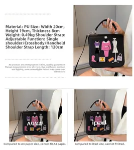 Detail view of black PU handbag with embroidery patches and size 20x19x8cm