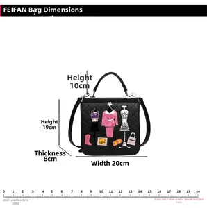 Detailed dimensions of the black square handbag with colorful embroidery and gems