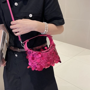 Chic pink sequin crossbody handbag for women with metallic shimmering circular discs