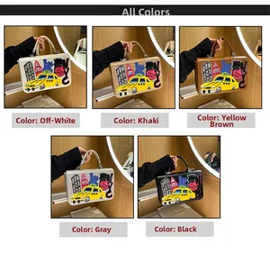 Collection of retro embroidery NYC themed handbags shown in five stylish colors
