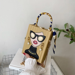 Box Handbag PU Leather Cartoon Portrait Sunglasses Girl Scarf Handle Artificial Pearl Decor Chain Shoulder Bag For Women