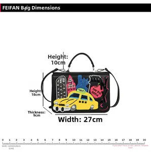 Detailed dimension guide for the black NYC themed embroidered handbag with size specs