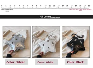Star-shaped crossbody bags in silver, white and black with celestial charms and strap