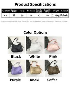 Tableau des tailles et vue multicouleur du sac fourre-tout en duvet matelassé